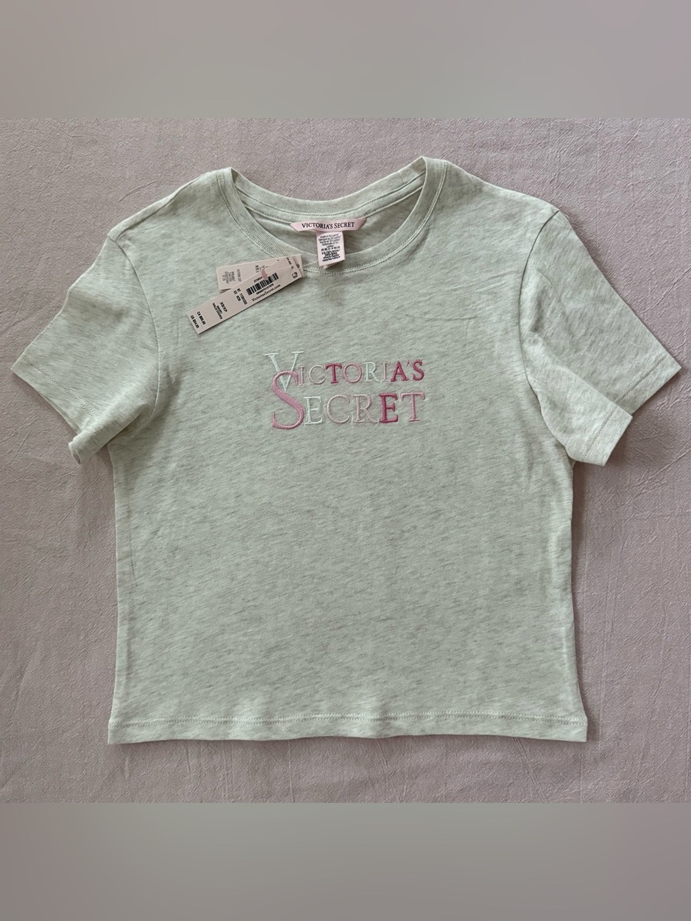 Victoria's Secret Embroidered Logo Crop Sleep Pajama T Shirt Beige XS Short